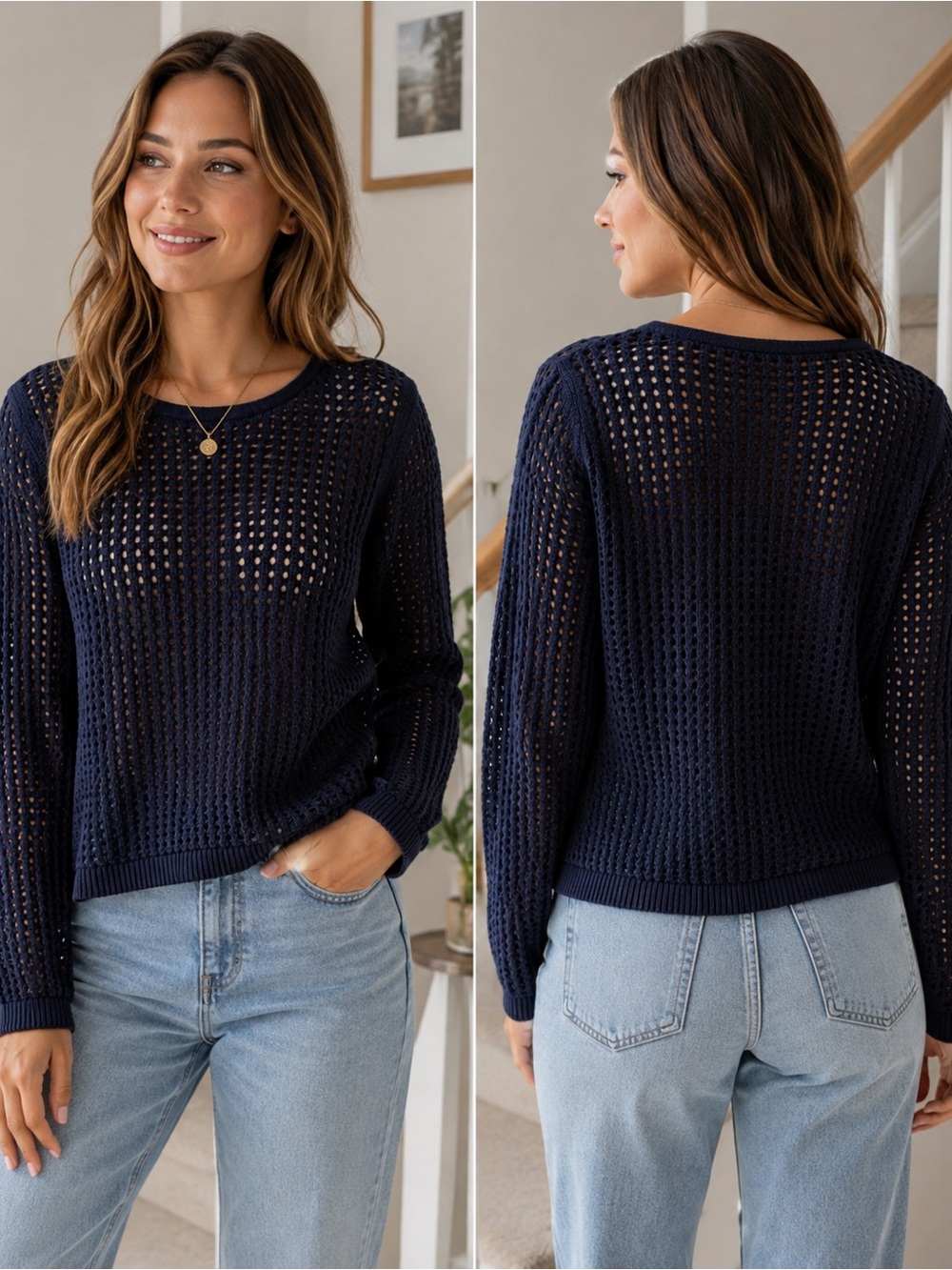 Fever Navy Open-Knit Crewneck Sweater